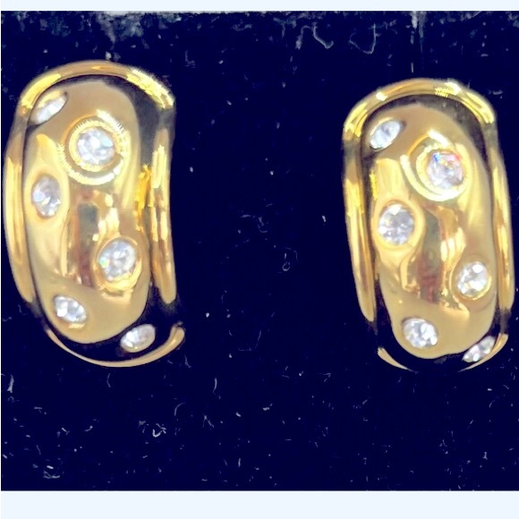 Nolan Miller Vintage Gold Plated Clear Crystal Half Loop Pierced Earrings - Picture 7 of 8